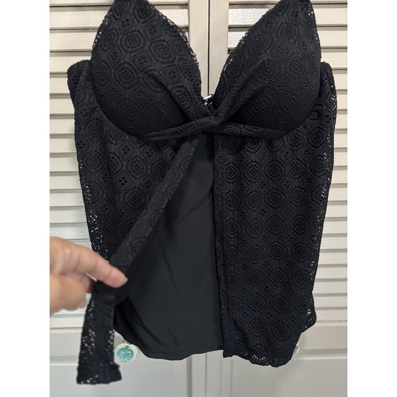 Tankini Swim Top Crochet Black Solid Size XL Molded Cups Lined Wide Adj Straps - Picture 2 of 6